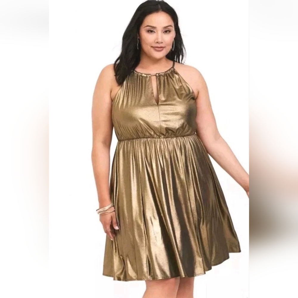 Torrid Halter Skater Dress Woman Plus 3X Gold Shimmer Mini Party Rockabilly Nwt - Picture 2 of 11